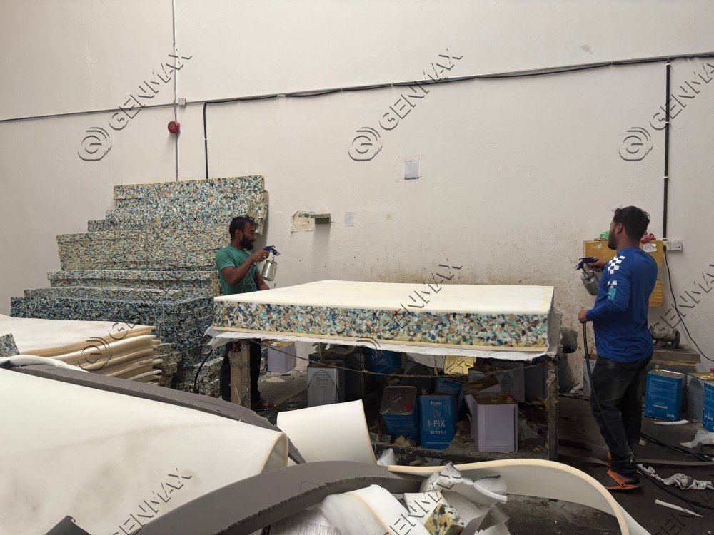 Saudi Arabian mattress production facility using GENMAX quilting machines and sponge cutting equipment for efficient manufacturing